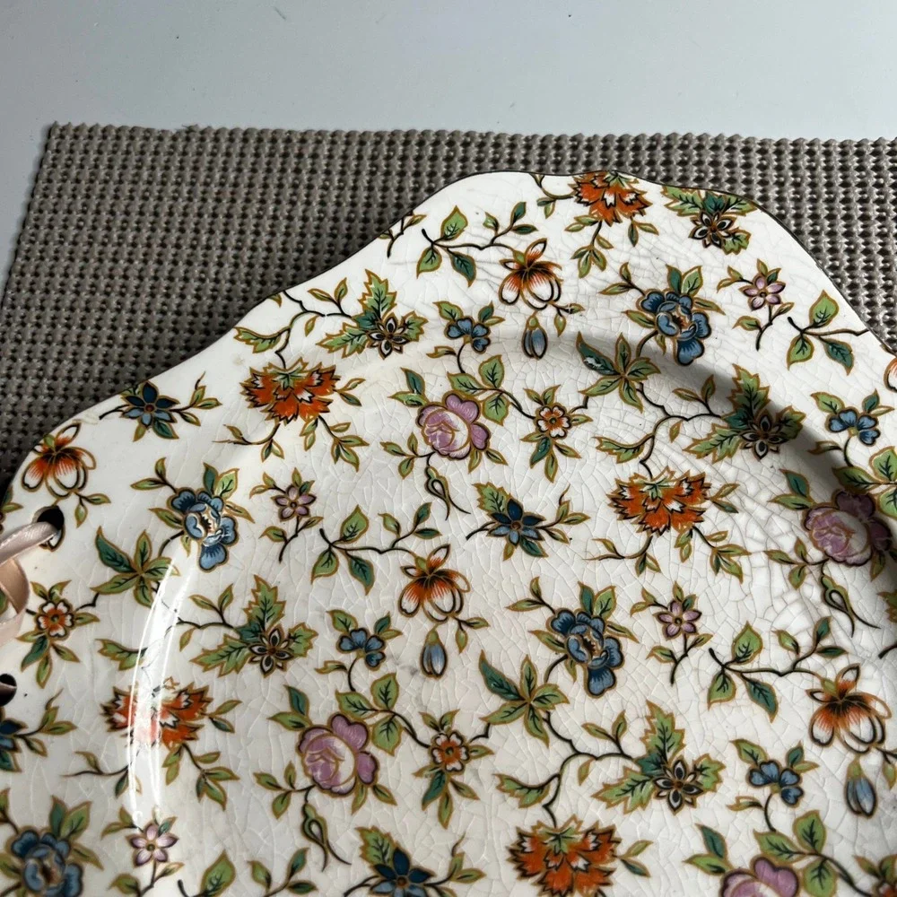 Vintage Hand Painted Japan Floral Chintz Scalloped Square Plate Ribbon Accents